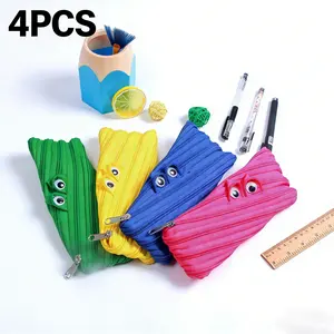 4-Piece Set: Single-Zipper Cartoon Canvas Pencil Pouches — Doll-Themed Pencil Cases, Creative & Simple Student Storage Bags