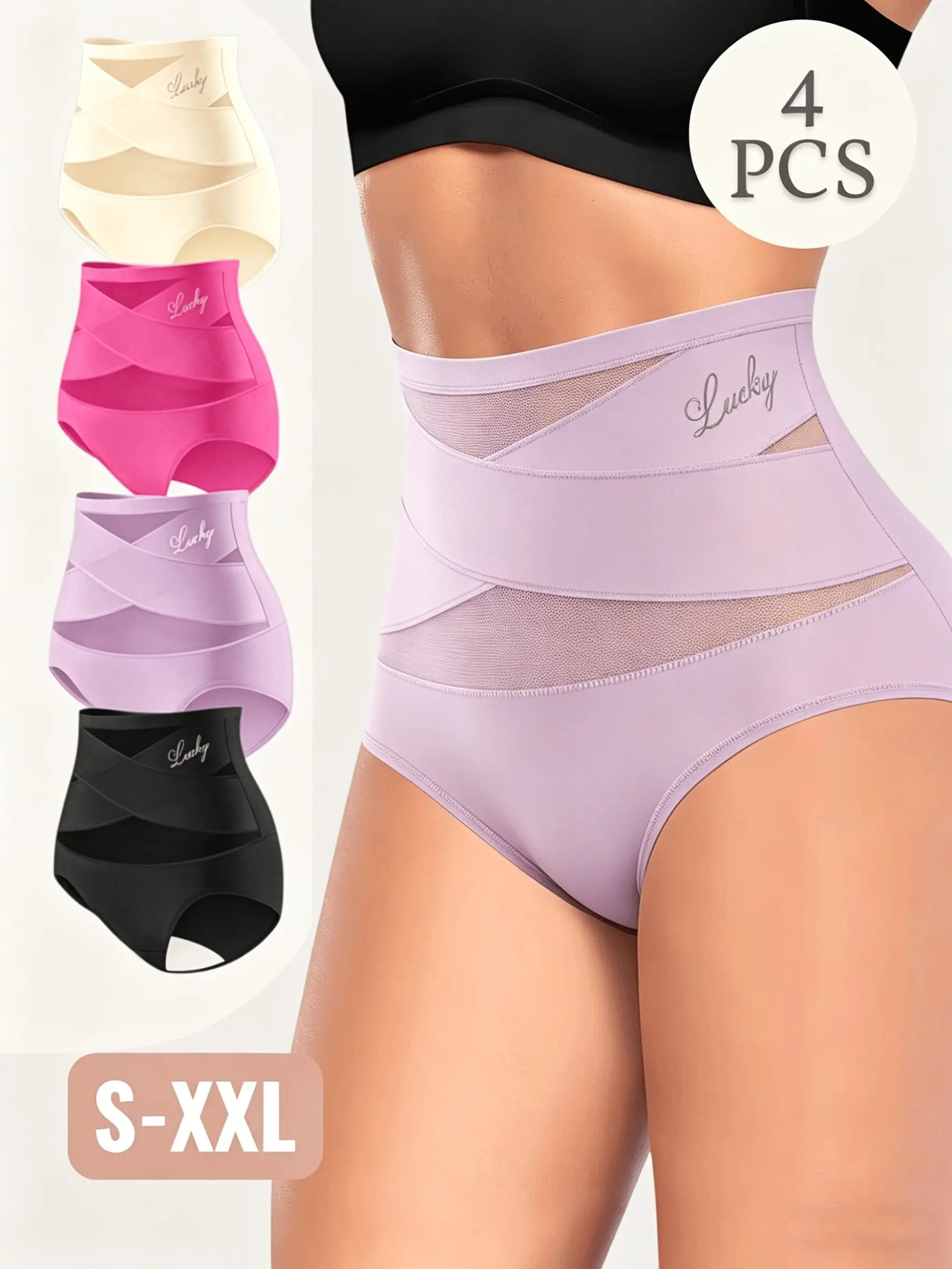 4-Pack Women’s High-Waisted Tummy Control Panties, Mesh Breathable Butt-Lifting Shaping Underwear, Ice Silk Seamless Waist Trainer Plus-Size Triangle Briefs