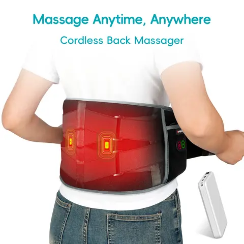 Wireless Heatable Heating Pad for Back - 58in Cordless Rechargeable Battery-Powered Massage Device, 3 Heating Levels, 3 Vibration Settings, Deeper Heat, Dual Adjustable Elastic Strap, Low Back Pain Relief, Selfcare Personal Care Appliance