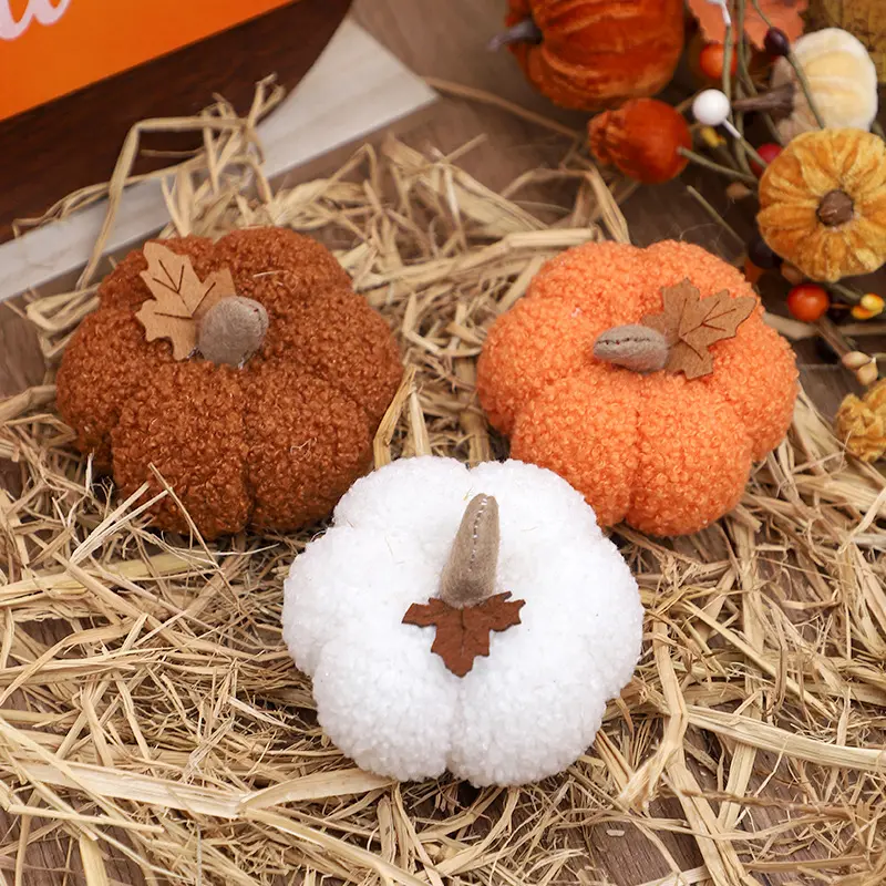 Soft Stuffed Plush Pumpkin Ornament, Hand‑made Felt Maple Leaf Fall Harvest Tabletop Decor, Cute Textured Fabric Pumpkin, Thanksgiving Halloween Shelf Accent, Farmhouse Tiered Tray Indoor Seasonal Home Decor