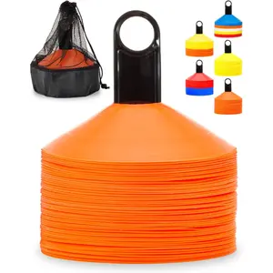 Pro Disc Cones (Set of 50) - Agility Soccer Cones with Carry Bag and Holder for Sports Training, Football, Basketball, Coaching, Practice Equipment, Kids - Includes 15 Best Cone Drills Book