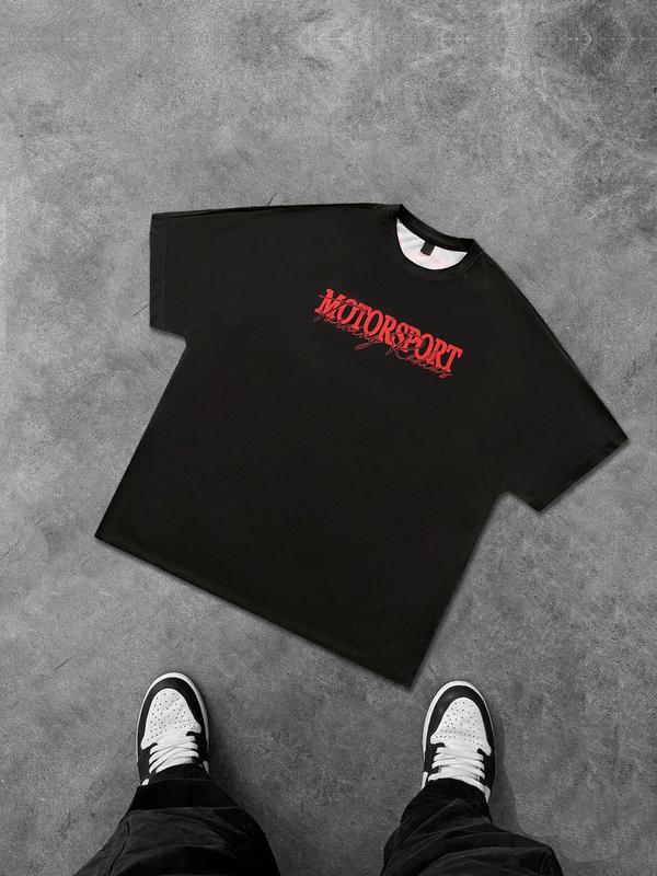 Men's Race Car & Letter Print Round Neck Crop Tee, Loose Casual Fashion Short Sleeve T-shirt for Daily Wear, Men's Top for All Seasons, Tropical