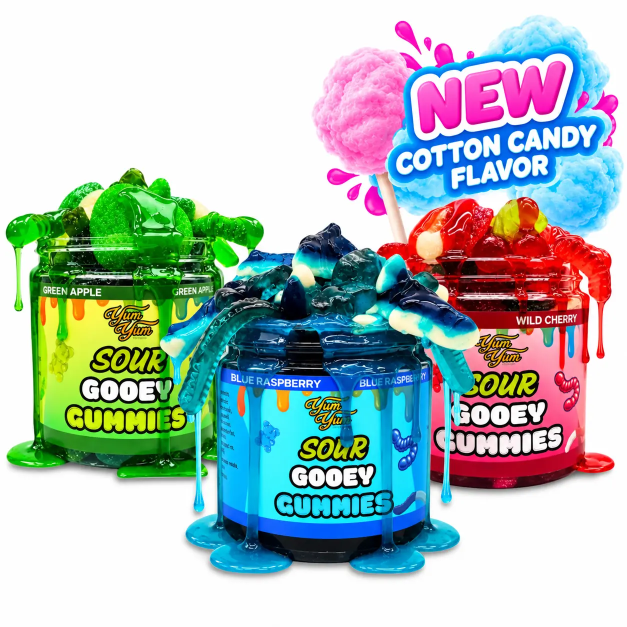 Yum Yum Gooey Gummies Sour & Sweet Sticky Gummy Candy Blue Raspberry Wild Cherry Green Apple Sour Ooze Chewy Fruity Snack Candy