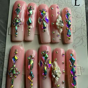 1.7 inches Square Nails Acrylic Press On with Rhinestones and Pearls for Elegant Manicure