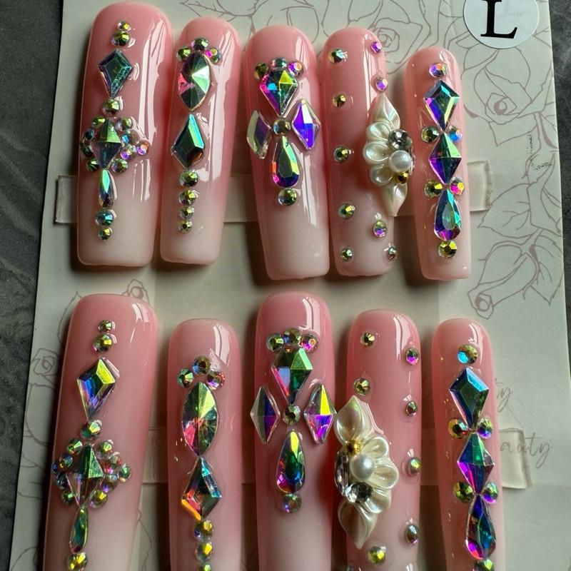 1.7 inches Square Nails Acrylic Press On with Rhinestones and Pearls for Elegant Manicure
