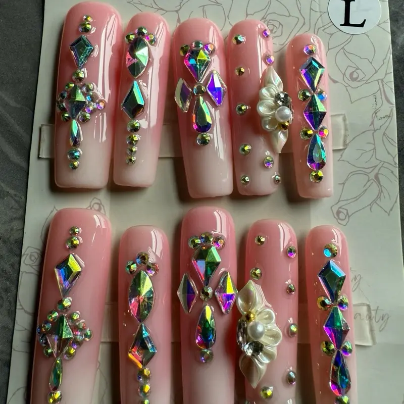 1.7 inches Square Nails Acrylic Press On with Rhinestones and Pearls for Elegant Manicure