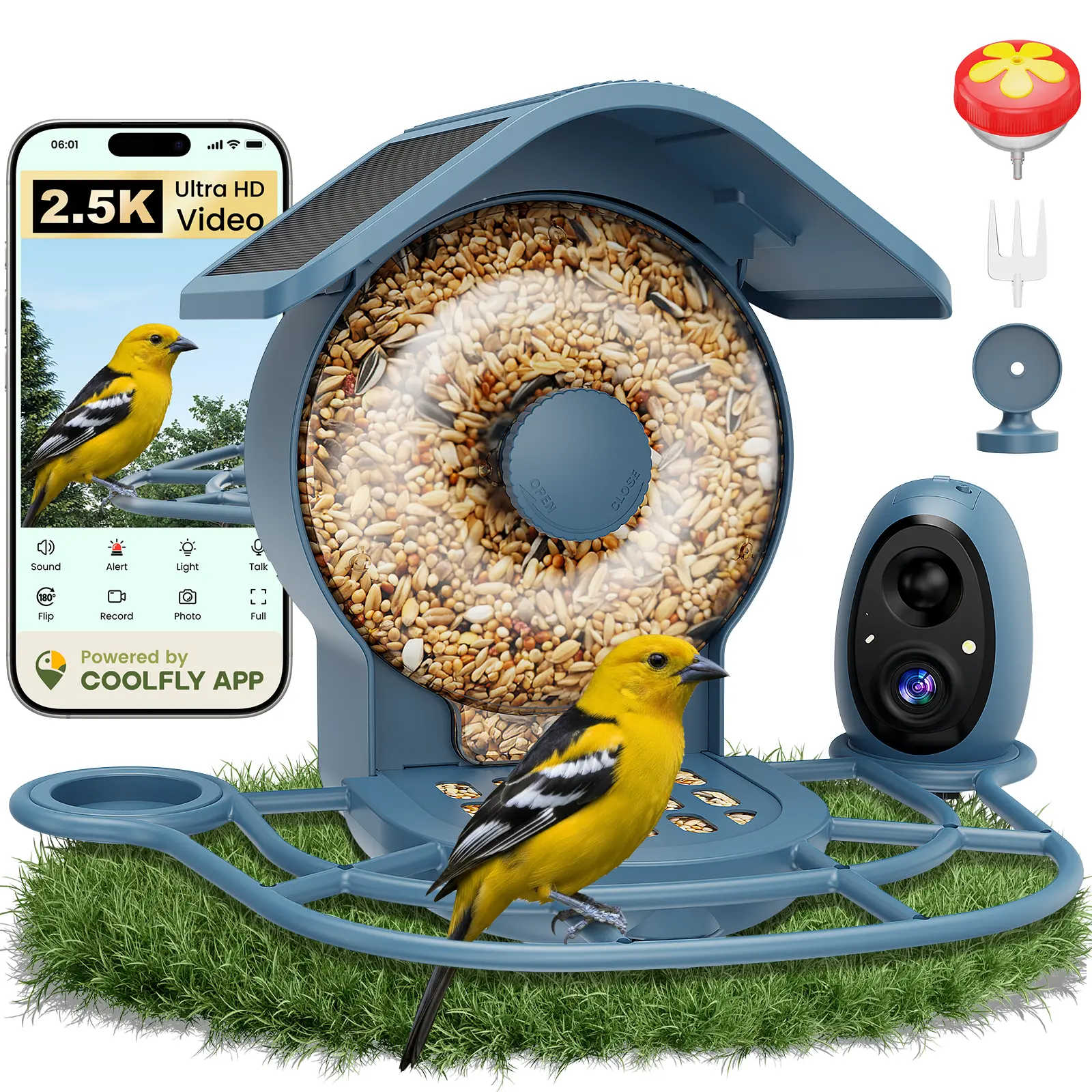 2.5K Ultra HD Smart Bird Feeder, Color Night Vision,  Solar Powered AI Bird Watching