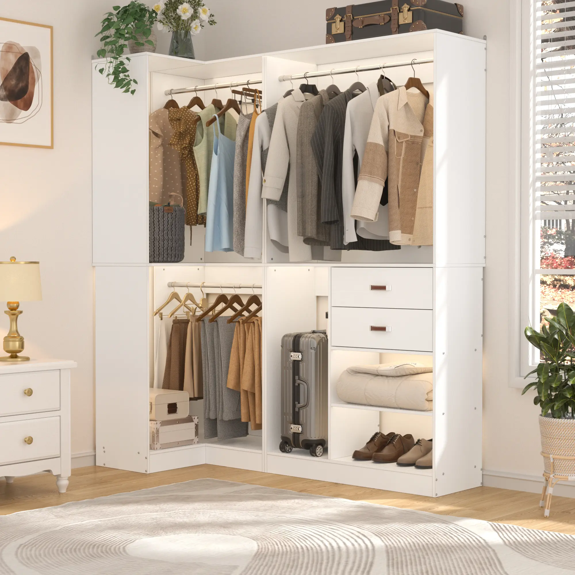 Set of 2 Corner Wardrobe Clothes Armoire - 70.9in Wide Sturdy Double Rack Adjustable Freestanding Portable Wardrobe Systems with 3 Hanging Rods, 2 Wood Drawers, Suitcase & Drawer Storage, Double Rack Wardrobes