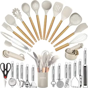 Kitchen Utensils Set- 35 Pcs Cooking Utensils with Grater,Tongs, Spoon Spatula &Turner Made of Heat Resistant Food Grade Silicone and Wooden Handles Kitchen Gadgets Tools Set for Nonstick Cookware BESTZMWK