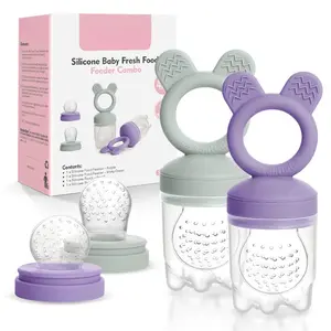 Baby Fresh Fruit Food Feeder - 2 Pack Silicone Baby Mesh Feeders for Infant Safe Self Feeding | 3 Sizes Food Pouches Included |   Suitable for Baby 4m+( Purple+Misty Green)