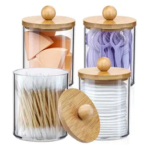 Qtip Holder, Bathroom Organizer Accessories Storage Containers Clear Plastic Jars with Bamboo Lids for Cotton Ball,Floss