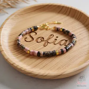 Rhodonite Bracelet - Black Pink Rhodonite Barrel Stone Beads Bracelet Gold Clasp - Healing Bracelet Gift for Her - 2x4mm Natural Stone - Adjustable Fit - Elegant & Versatile for Adults