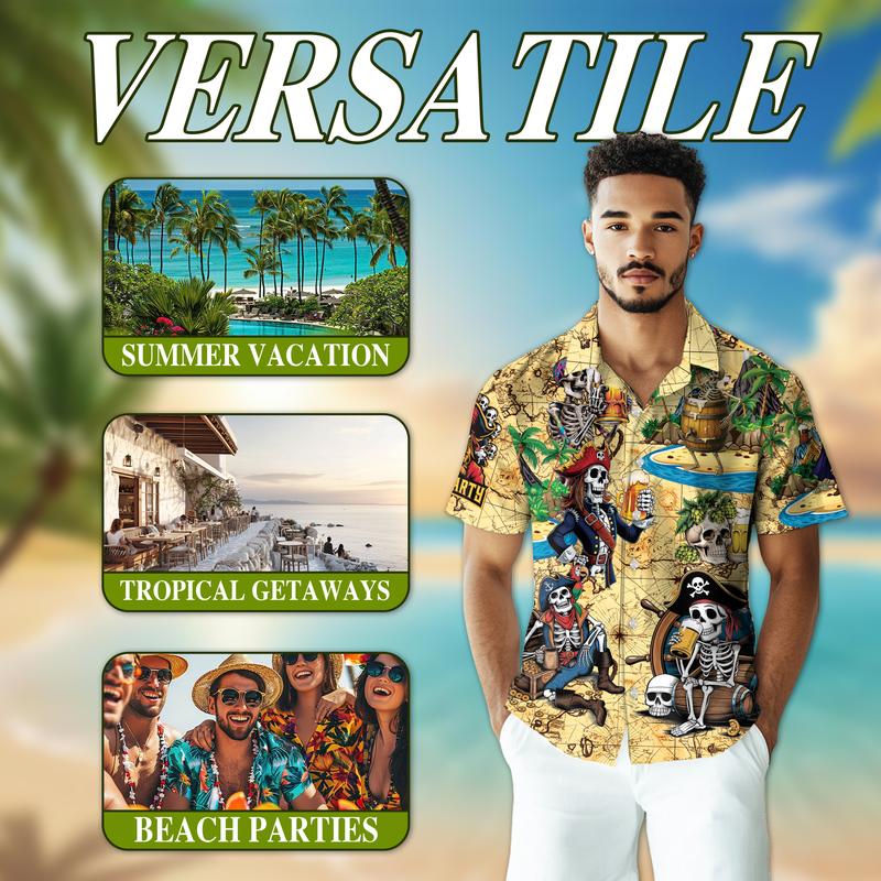 Aloha Skull Pirates Drinking Beer Hawaiian Shirt for Men, Button Down Summer Beach Short Sleeve, Hawaiian Shirt Casual Tropical
