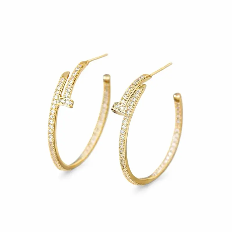 Gold Plated Pavé CZ Nail Hoop Earrings for Women – Sparkling Crystal Open Hoop Statement Jewelry