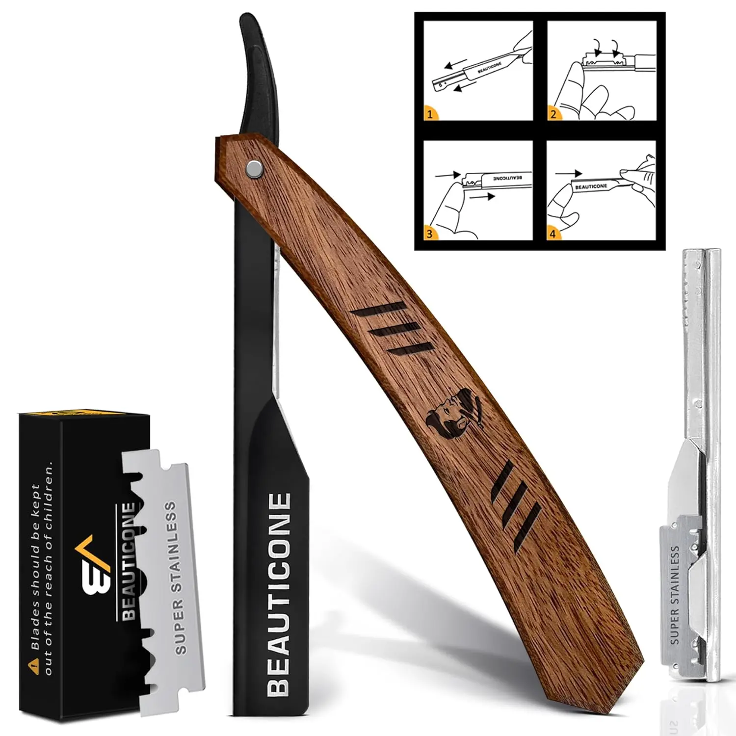 Professional Straight Edge Razor for Men - Wood Handle Barber Shavette, Stainless Steel Manual Shaver for Beard Grooming, Includes 20 Single Edge Blades, Beard Grooming Tools, Smooth Shave, 20 Blades, Male Care, Straight Razor, Single Blade Set