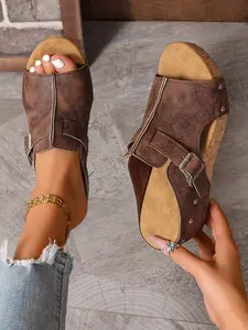 2026 Summer New Women's Slippers, European Style Open-Toe Velcro Backless Sandals, Comfortable Thick Sole Beach Shoes, Large Size