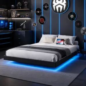 Floating Bed Frame Full/Queen Size with RGB LED Lights and Type-C&USB Ports, Metal/Linen Platform Bed No Box Spring Needed,Easy Assembly,Noise-Free