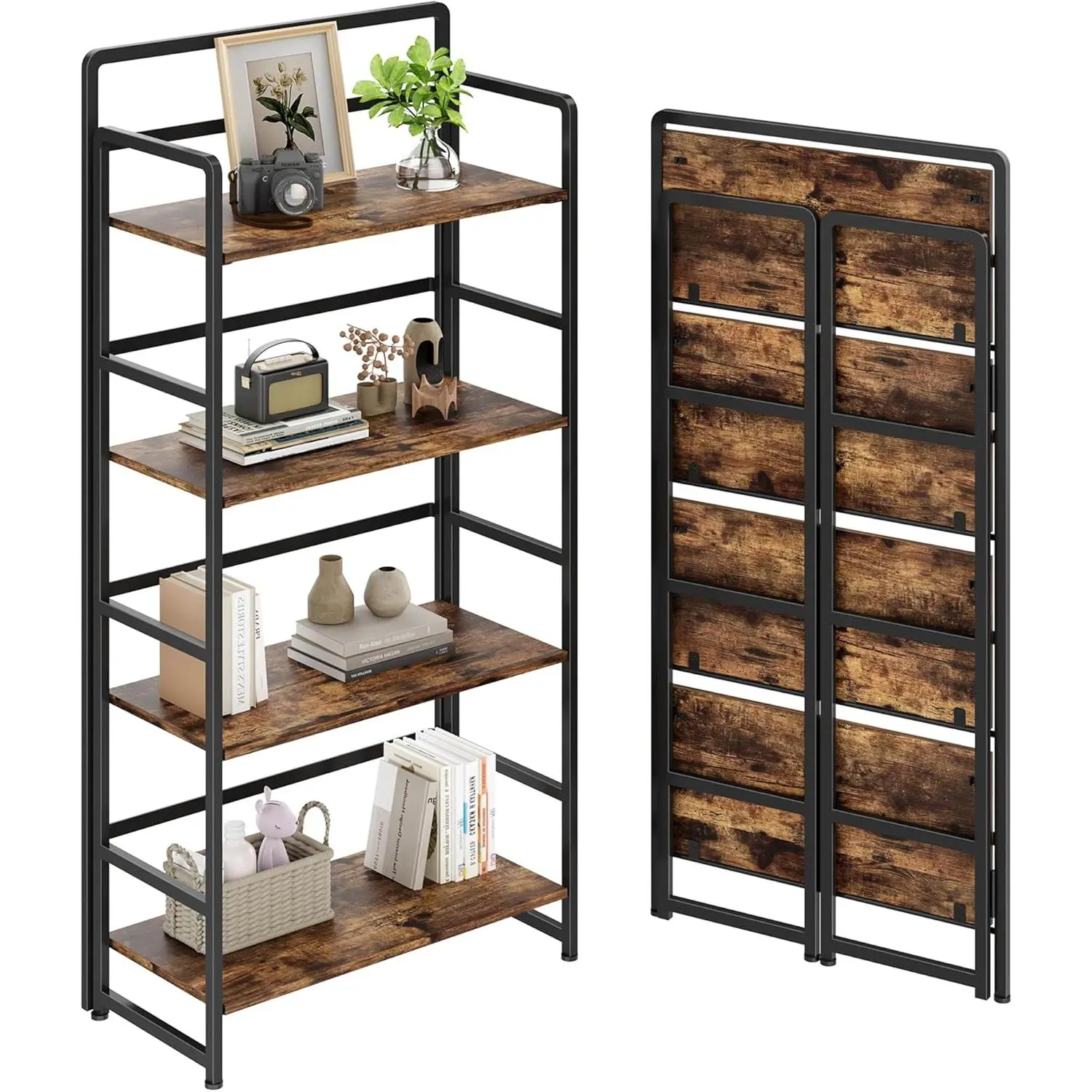 No Assembly Folding Bookshelf, 4 Tiers Collapsible Book Shelf for  Office,   Foldable Bookcase Storage Organizer for Living Room Bedroom (Rustic Brown)
