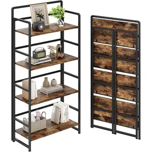 No Assembly Folding Bookshelf, 4 Tiers Collapsible Book Shelf for  Office,   Foldable Bookcase Storage Organizer for Living Room Bedroom (Rustic Brown)