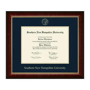Southern New Hampshire University Gold Embossed Diploma Frame - Traditional Navy & Yellow Matting, Solid Hardwood, High-Gloss Cherry, 11"w x 8.5"h, Level-Lock Hanging System