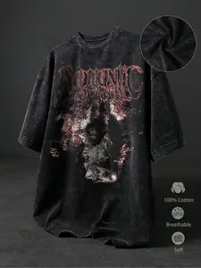 Men's Washed Vintage Loose Cotton Casual T-Shirt, Romantic Font & Dark Horror Graphic Print, Breathable Soft Streetwear, Metallica Aesthetic Summer Wear, Menswear