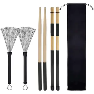 Drum Stick Set,1 Pair 5A Classic Maple  Drum Sticks and 1 Pair Retractable Drum Wire Brushes and 1 Pair Rods Drum Brushes with Storage Bag for Rock Band,Jazz Folk Total 3 Pairs