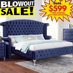 Monte Carlo Royal Blue Luxe Velvet Tufted Wingback Platform Bed