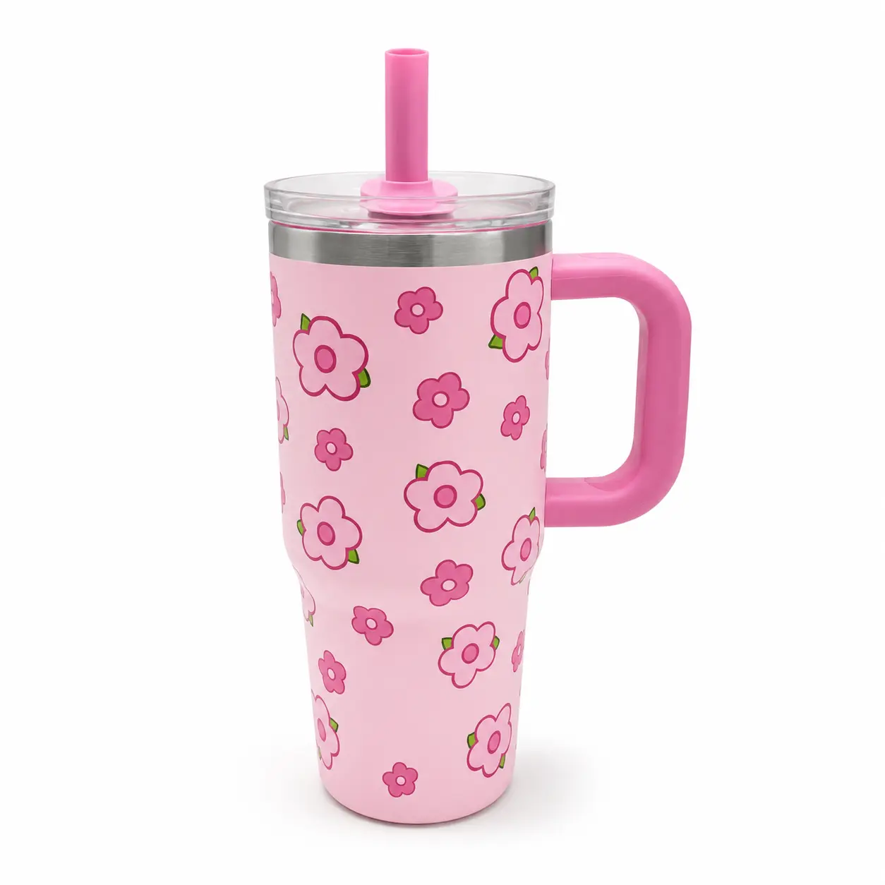 Stainless Steel Travel Tumbler with Handle and Straw, 12 oz Insulated Drinking Cup with Lid, Portable Reusable Cup for Everyday Hydration, Pink Floral
