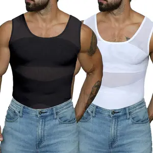 2 Pack Men's Tummy Control Compression Shirt Body Shaper - High Stretch Breathable Mesh Vest Tank Top. Firm Abdomen Waist Trainer Undershirt for Men, Sleeveless Athletic Base Layer for Gym Fitness Workout & Running
