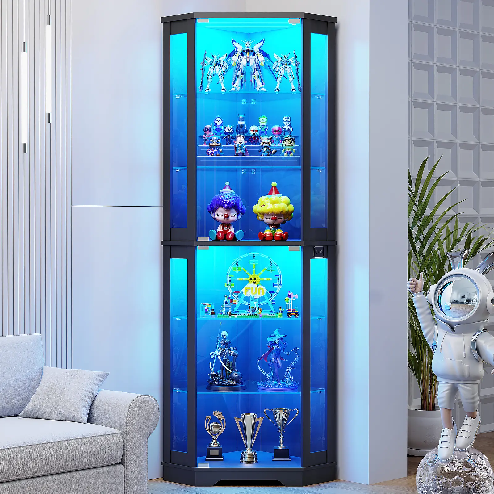 MIIFUNY 71" Corner Display Cabinet with Glass Doors, 6 Tier Curio Cabinet with 3 LED Lights & Glass Shelves, Human Body Sensor, Showcase Display Case for Collectibles, Black