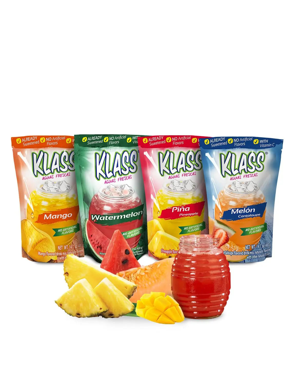Klass Aguas Frescas Tropical Drink Mix, Watermelon Mango Cantaloupe Pineapple Powdered Beverage, Natural Flavors Vitamin C, 56-72 Drinks