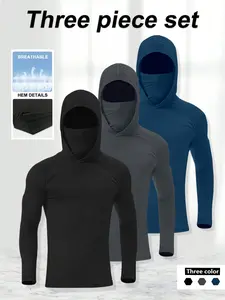 3 Pieces -Men's Sports Tight-Fitting, Height-Elastic Sweat-Absorbing, Breathable, Quick-Drying, Mask Hooded, Compression, Long-Sleeved Top, Solid Color, Comfortable, Basic Style, Running, Enhanced Exercise, Sports Long-Sleeved Top, Athletic Hoodie