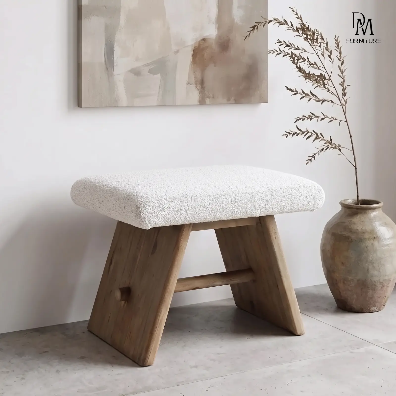 DM 19” Modern Beige White Upholstered Boucle Ottoman,Reclaimed Pine Wood Fully Assembled Small Bench with Sculptural Base for Bedroom,Living Room,Entryway