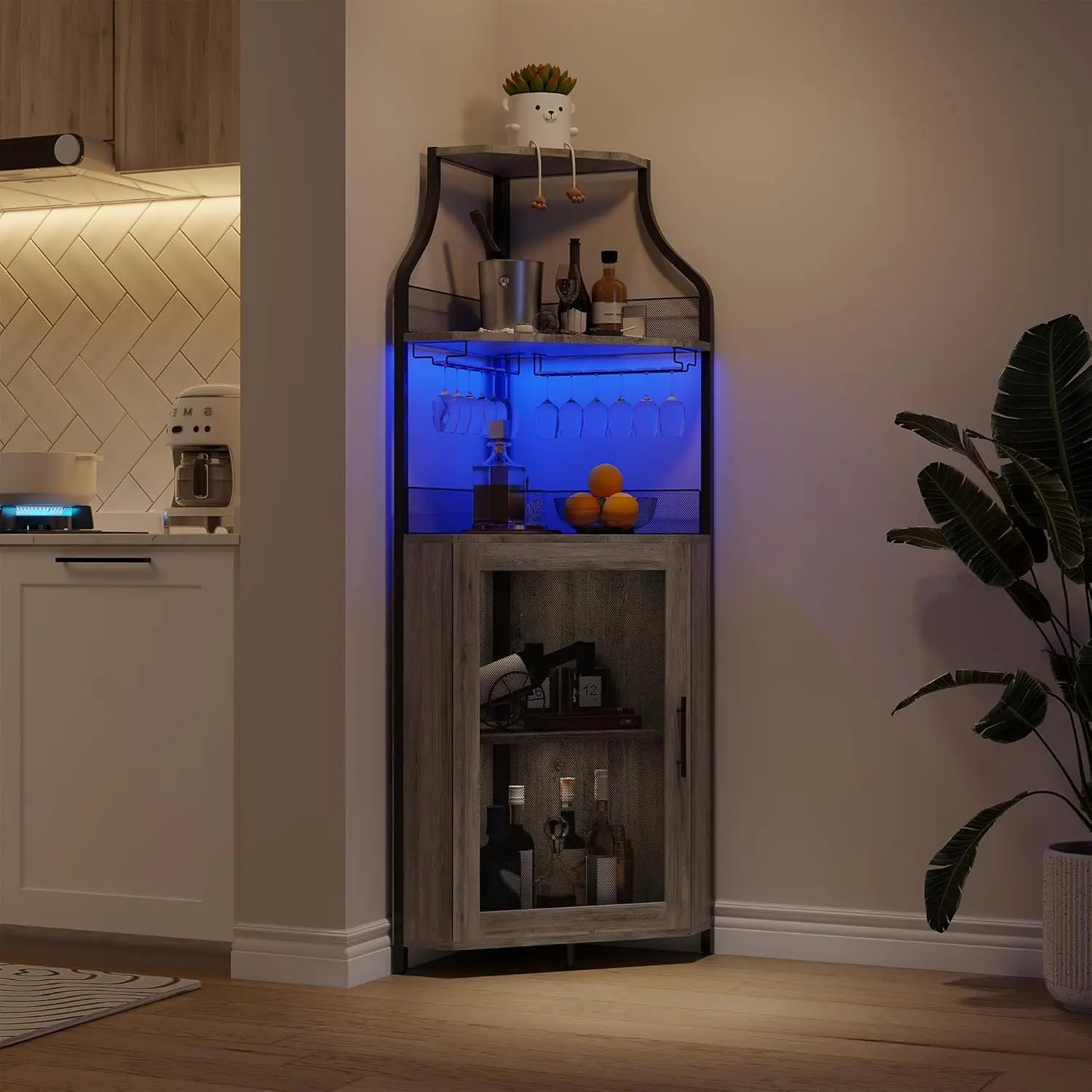 Garvee Wine Cabinet Industrial Corner Bar Storage Five Tier Barn Door LED Light Detachable Rack Glass Holder Farmhouse Furniture