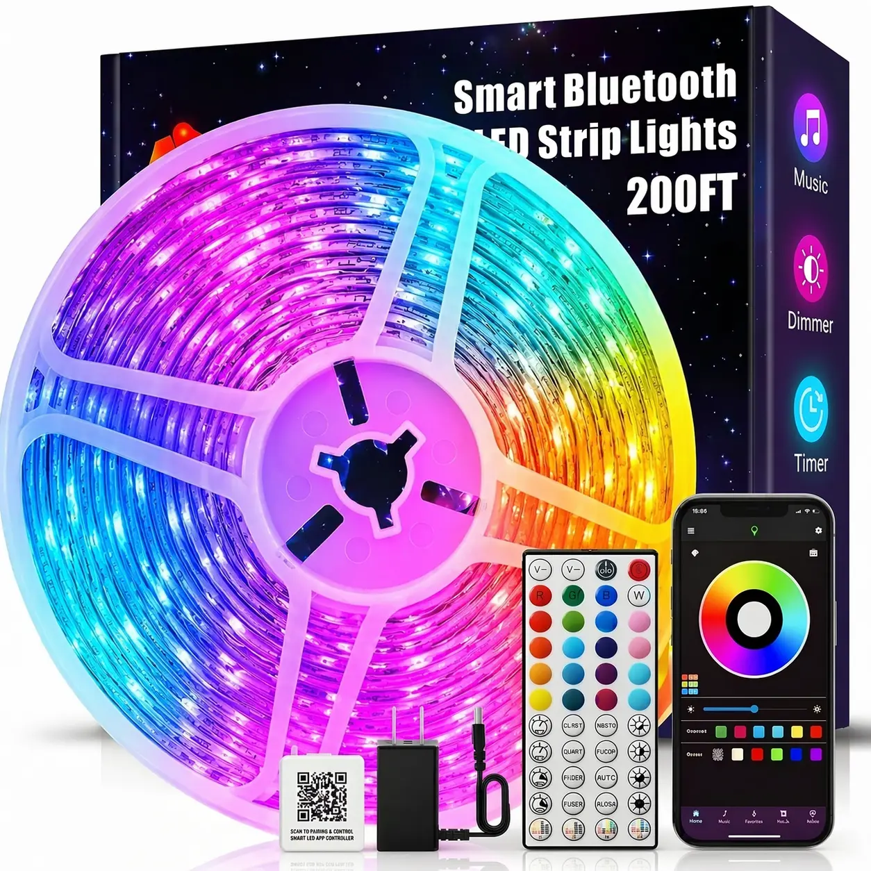 200FT Led Strip Lights RGB Music Sync for Bedroom ,more 100ft 50ft Bluetooth Christmas Lights with Smart App and Remote Control Indoor Lighting, for room decorating party decor
