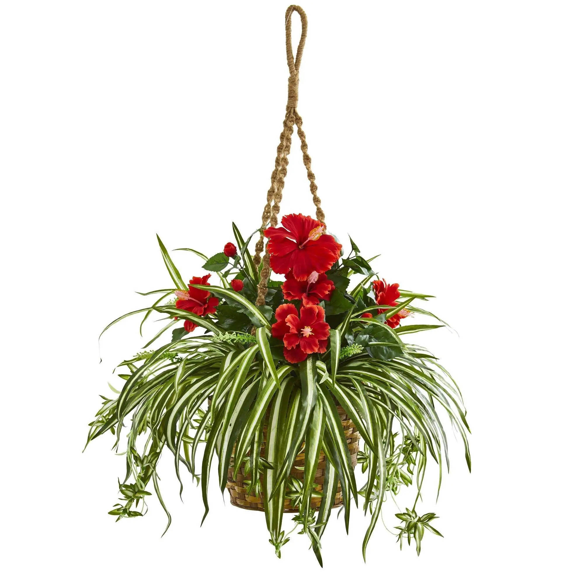 31-Inch Synthetic Hibiscus & Spider Artificial Flowers in Hanging Basket, Decor Plants, Botanical Flower Arrangement Artificial Plants for Home Wall Ornaments