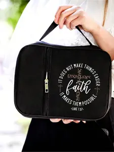 Floral "God" print bible cover bag in black, with zipper and side pockets. Standard size for bible storage and study for men & women, zipper position random.