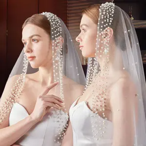 Bridal Single Layer Beaded Medium Length Wedding Veil 2025 New Style Wedding Dress Accessory with Hair Comb