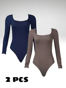 Women’s Casual Long Sleeve 2PC Jumpsuit Lounge Set – Slim Fit Square Neck Button Top and Pants Fabric Womenswear