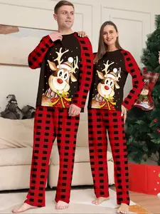 Christmas Couple Matching Homeewear Set, Loose Fit Long Sleeve Pants, Soft Breathable Fabric, Holiday Party Family Photo, Plaid & Deer Print