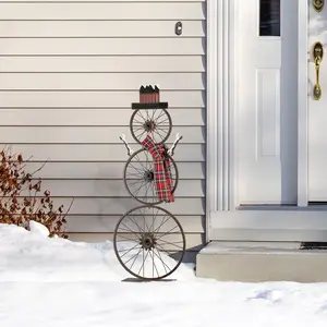 33.98" H Metal Bike Wheel Snowman with Scarf & Hat - Christmas Porch & Yard Decor