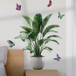 Tropical Palm Leaf Wall Sticker, Natural Banana Leaf Plant Butterfly Wall Art Waterproof Decal, Living Room Sofa TV Background Decoration