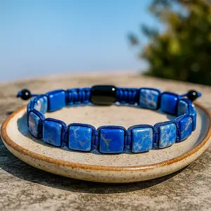 Lapis Lazuli Black Onyx Bracelet Men Square Beads Protection Blue Stone Jewelry