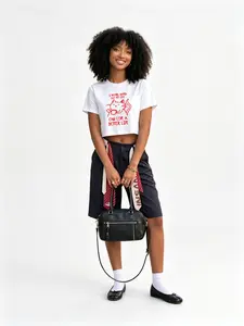 Women Cat Graphic "I Work Hard For My Cat" Black Cotton Crop Tee, Crew Neck Short Sleeve Cropped T-Shirt, Funny Pet Lover Casual Summer Streetwear Top