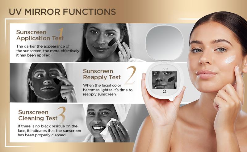 DayIn UV Mirror for Sunscreen Test with UV Camera, Sun Protection Visualization Travel Makeup Mirror with LED Light and 3X Magnification Pocket Mirror