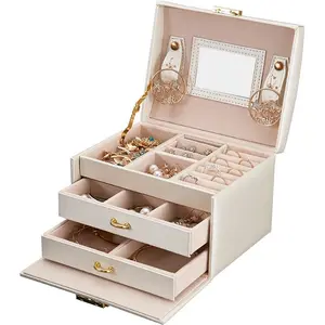 Large Jewelry Box Organizer, Three-Layer Lockable Case for Necklaces Rings Earrings, PU Leather Handheld Accessory Storage