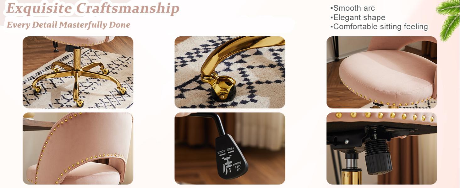 Karlhome  Modern Velvet Small Office Chair,Cute Desk Chair with Wheels,Gold Base/Studs, Comfy Armless Swivel Vanity Task Chair for Women/Girl/Kids, Nail Tech Chair for Bedroom,Small Space,Pink