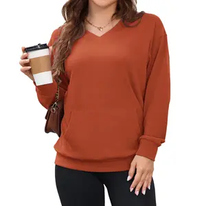 AUSELILY Women's Hoodless V-neck Sweatshirt With Kangaroo Pocket  Fleece Longsleeve Oversized Casual Style Shirt