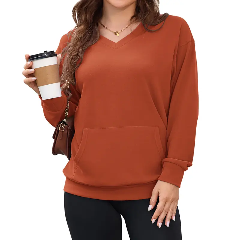 AUSELILY Women's Hoodless V-neck Sweatshirt With Kangaroo Pocket  Fleece Longsleeve Oversized Casual Style Shirt