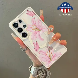 Adorable Magnetic Case for Samsung S22/23/24/25 plus ultra Pink lily butterfly pattern MagSafe Compatible, Lightweight, Anti-Fall | Girly & Chic Style